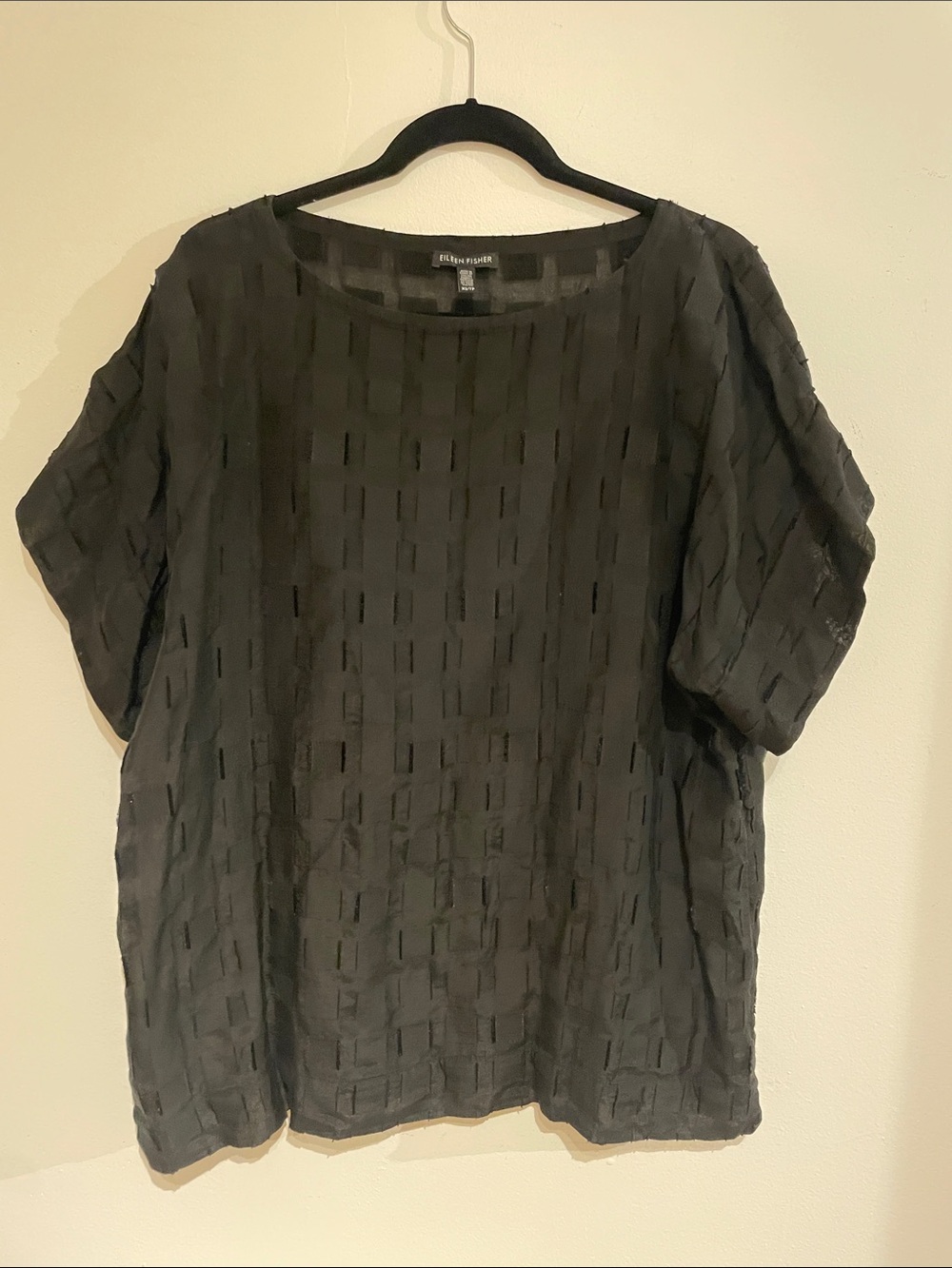 Eileen Fisher Black Textured Short Sleeve Boxy Top